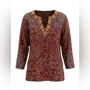 SOFT SURROUNDINGS WOMENS V NECK BLOUSE SIZE PXL TED MULTICOLORED DESIGN